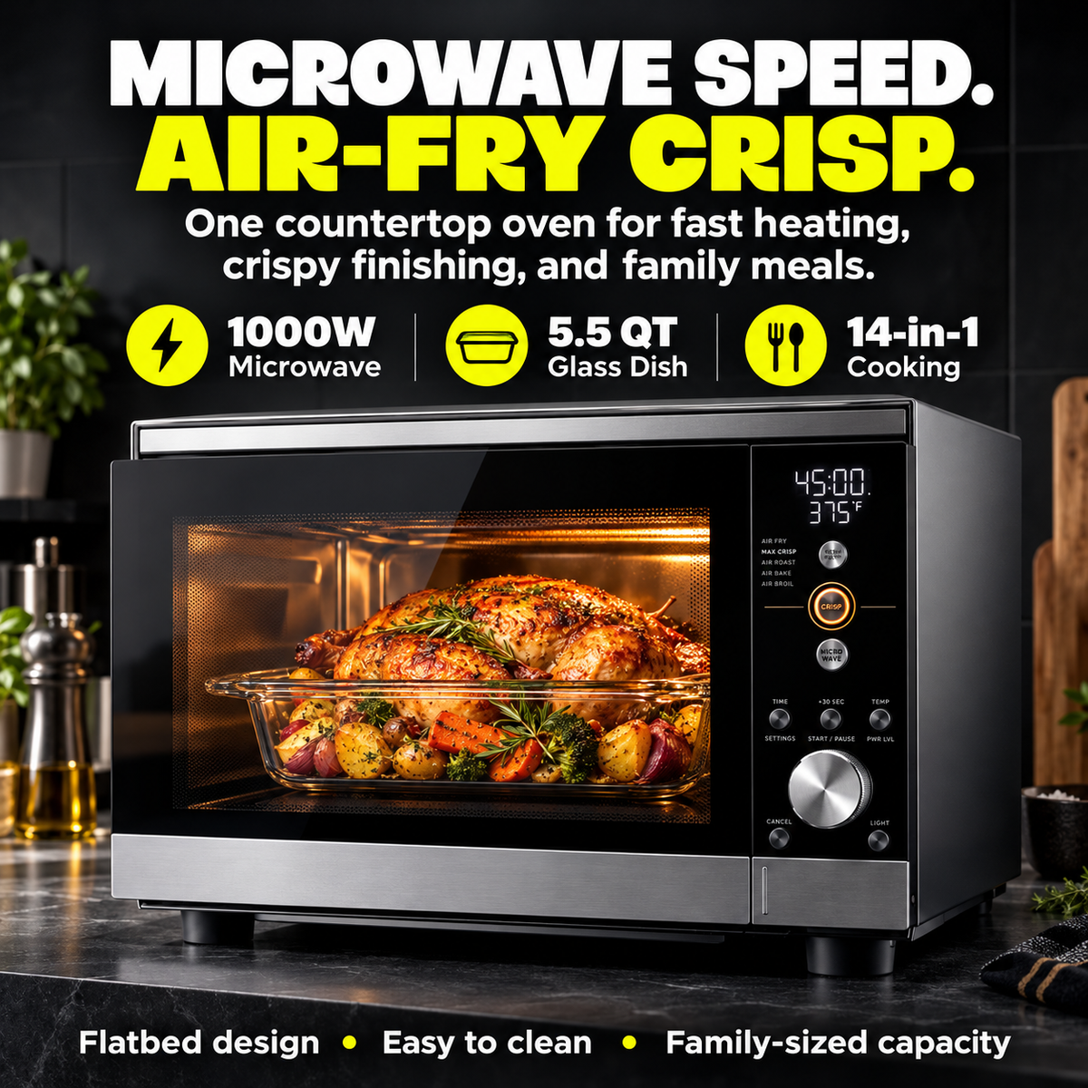 Microwave Air Fryer Combo | 1000W Flatbed Countertop Convection Oven with 5.5 QT Glass Dish