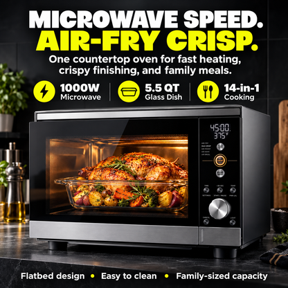 Microwave Air Fryer Combo | 1000W Flatbed Countertop Convection Oven with 5.5 QT Glass Dish