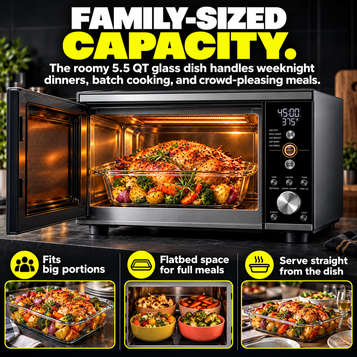 Microwave Air Fryer Combo | 1000W Flatbed Countertop Convection Oven with 5.5 QT Glass Dish