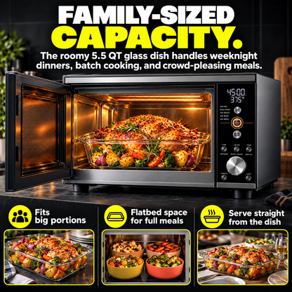 Microwave Air Fryer Combo | 1000W Flatbed Countertop Convection Oven with 5.5 QT Glass Dish