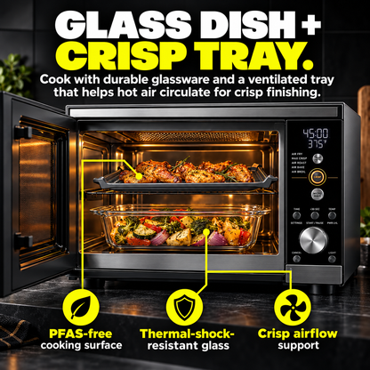 Microwave Air Fryer Combo | 1000W Flatbed Countertop Convection Oven with 5.5 QT Glass Dish