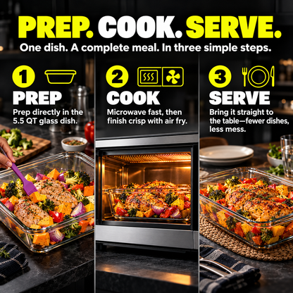 Microwave Air Fryer Combo | 1000W Flatbed Countertop Convection Oven with 5.5 QT Glass Dish