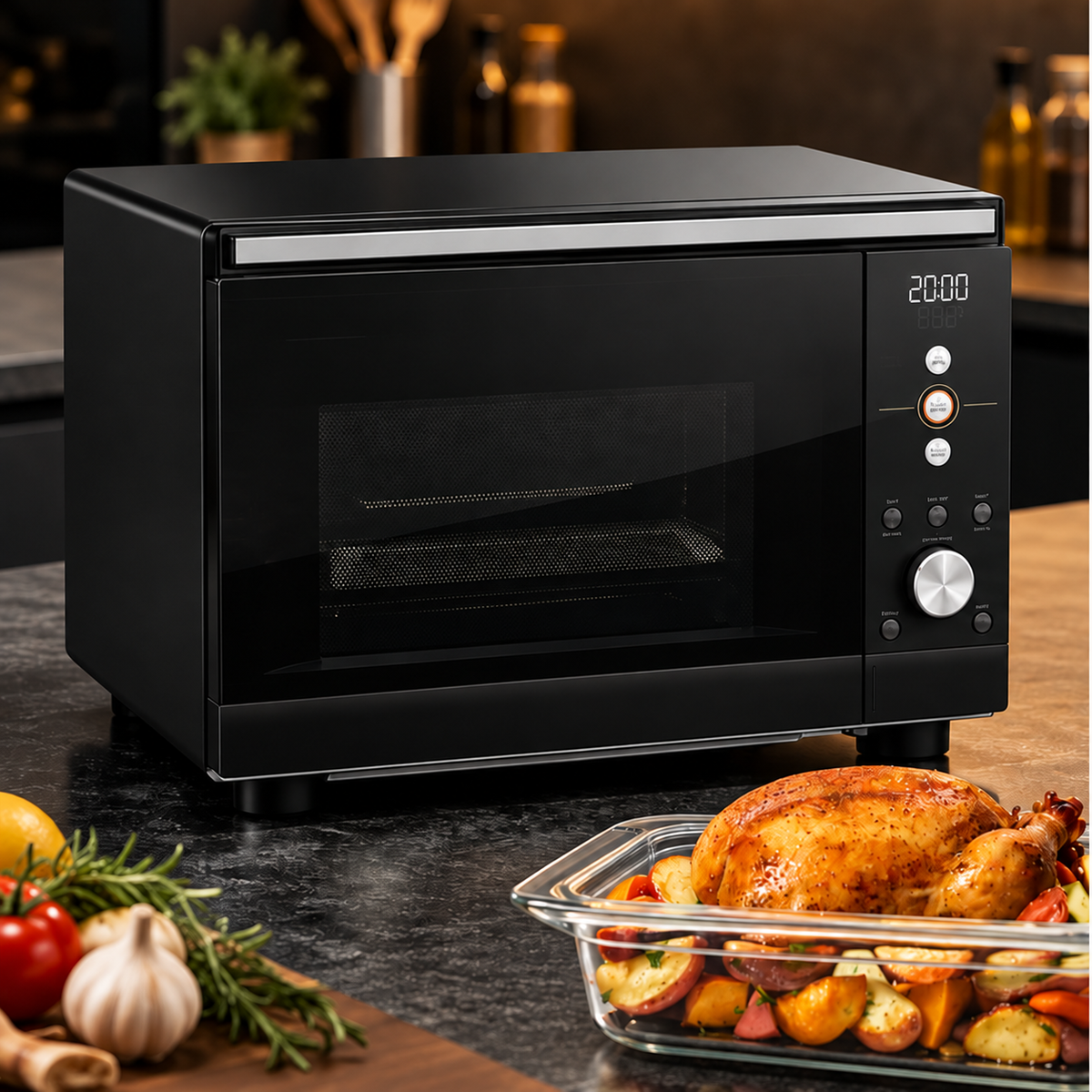 Microwave Air Fryer Combo | 1000W Flatbed Countertop Convection Oven with 5.5 QT Glass Dish