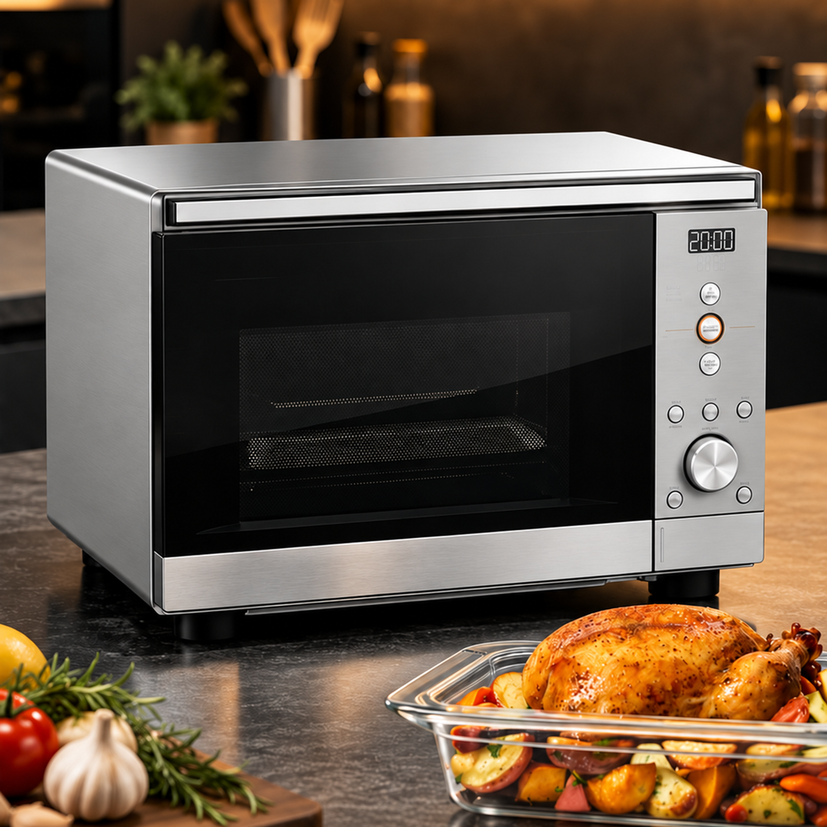 Microwave Air Fryer Combo | 1000W Flatbed Countertop Convection Oven with 5.5 QT Glass Dish